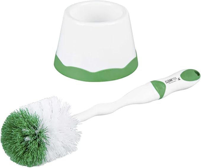 Restaurantware Toilet Brush with Caddy 1 Pack 15.7 x 4.9 x 4.9 Inches Plastic Toilet Scrubber with Holder Compact Brush Set Comfortable Grip Green and White Bathroom Scrubber