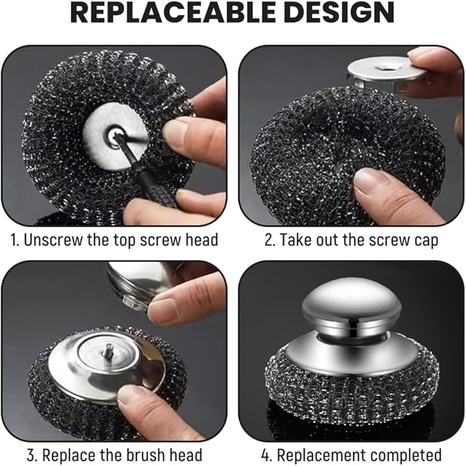 Steel Wool Scrubber with Handle, Upgrade Heavy Duty Stainless Steel Dish Scrubber for Cleaning Dishes, Iron Pots, Stoves, Kitchen Sink (1 pcs)