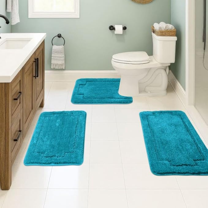 Bath Rugs Set 3 Pieces Bathroom Mat Soft Absorbent Plush Shaggy Soft Floor Non Slip Shower Bath Tub Machine Washable (Teal-ser, 20"x32"/20"x20"/17"x24")