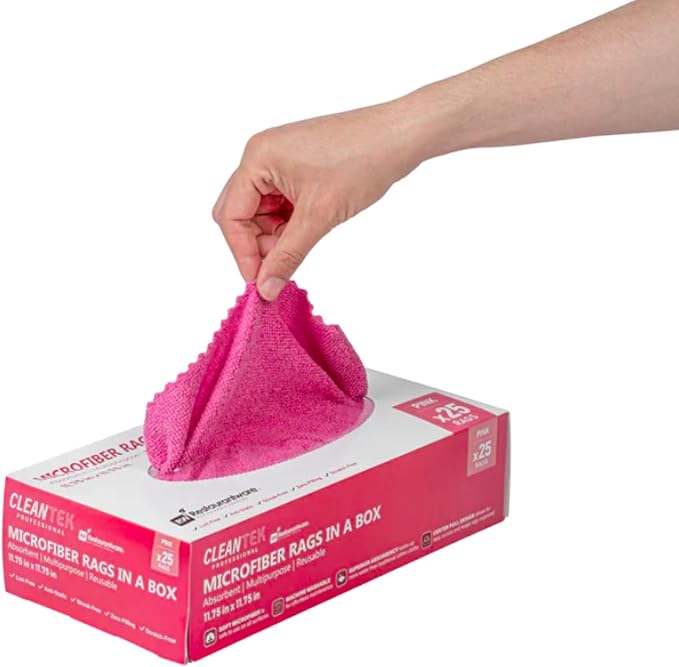 Restaurantware-Clean Tek Professional 11.81 x 11.81 Inch Microfiber Rags In a Box, 250 Absorbent Cleaning Cloths - No-Scratch, Pink Microfiber Reusable Edgeless Cleaning Towels, Leaves No Streak