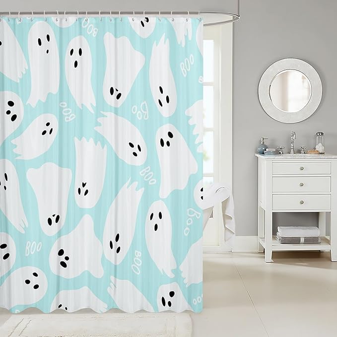 Kids Skull Ghost Shower Curtains,Cute Cartoon Ghost Style Bath Curtain,Teal Blue White Bathroom Decor Set with 12 Hooks for Bathtub,72" Long