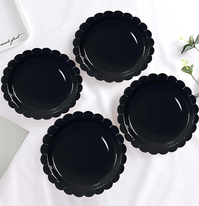 HEIPINIUYE 25 Pieces Black Paper Plates 9 Inch Black Scalloped Plates Disposable Dinner Plate for Wedding Baby Shower Birthday Halloween Party Dessert Plate