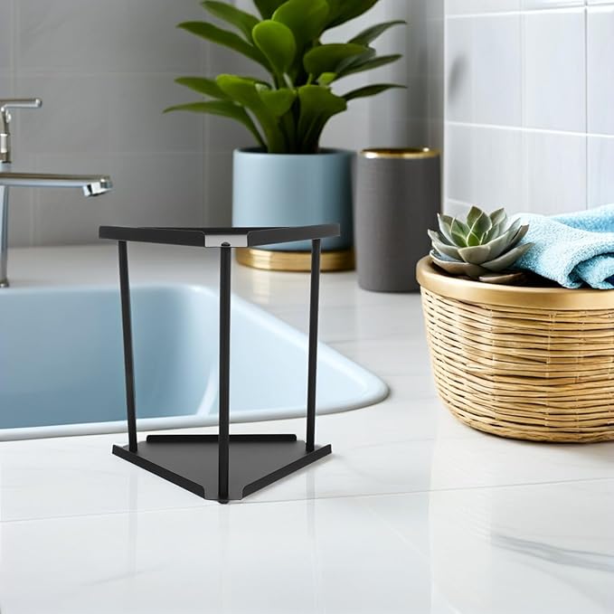 Happyyami Bathroom Counter Shelf and Sink Organizer 2-Tier Black Metal Corner Vanity Rack for Makeup and Skincare Storage Bathroom Countertop Organizer for Home Use