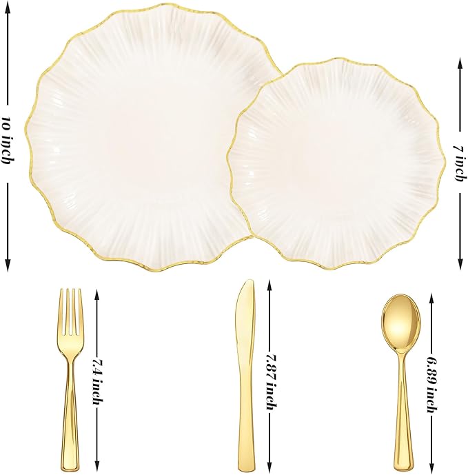 U-QE 150PCS Ivory and Gold Plastic Plates with Gold Disposable Silverware for 30 Guests, Vintage Ivory Plastic Plates Include 30 Dinner Plate,30 Dessert Plate,90 Cutlery for Bridal Shower, Party