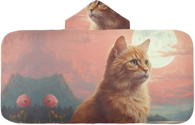 Hooded Towel for Kids Orange Cat and Pink Flowers Near The River Beach Wrap Bath Towels 50x23.5in