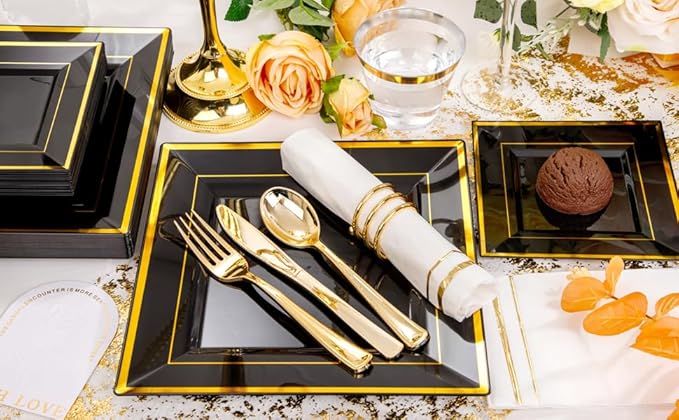Festiva 350Pcs Black and Gold Plastic Plates-50Guests Disposable Square Black Dinnerware Set include 100 Plastic Plates,50Cups,150Plastic Cutlery,50Napkins for Birthday Party &Wedding&Graduation