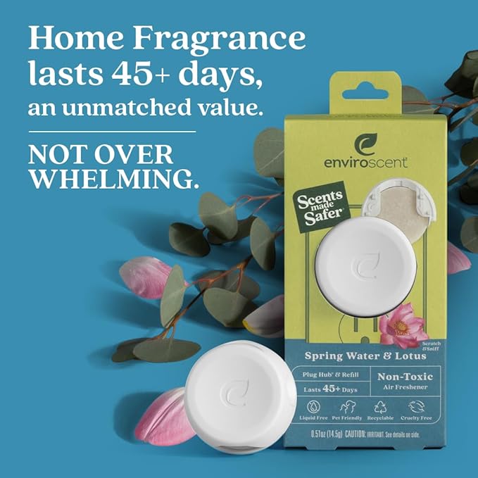 Enviroscent Non-Toxic Air Freshener Plug Hub® Warmer Refillable Kit - Refillable Plug-in Air Freshener for Home w/Paper Refill - Home Fragrance Lasts Up to 45 Days - Spring Water & Lotus Scent