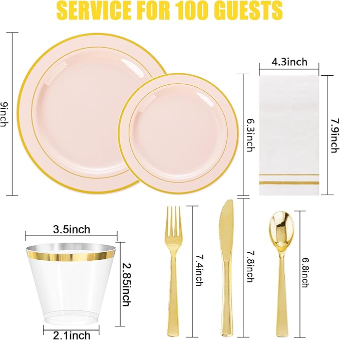 GATHER 700PCS Pink Plastic Plates - Gold Rim Disposable Plastic Dinnerware Set Include 200 Pink Plates, 300 Silverware, 100 Napkins, 100 Cups for Party & Wedding & Baby Shower