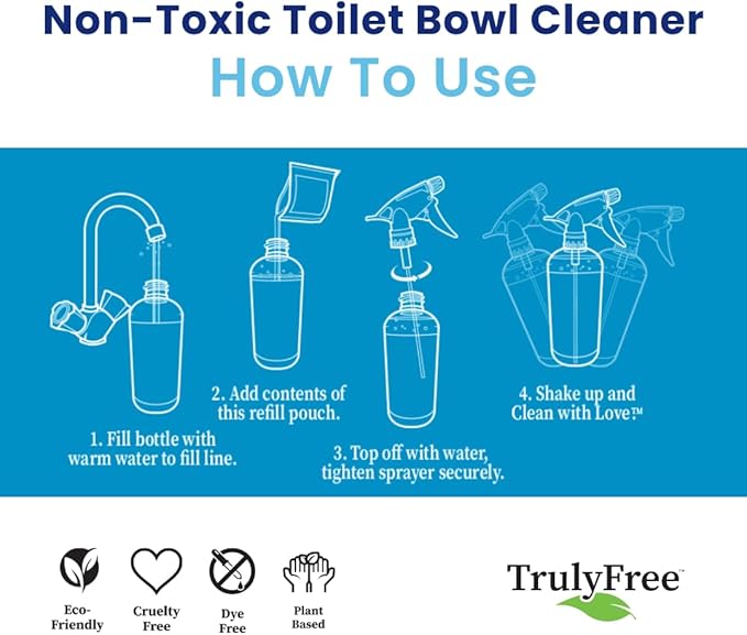 Truly Free Toilet Bowl Cleaner - Heavy-Duty Stain Remover - Septic Safe, Plant-Based Formula - Fresh Peppermint Scent - 16 oz Reusable Empty Bottle + Two Fills, 3 oz ea.