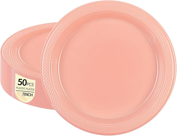 50PCS Pink Plastic Plates, 7 Inch Disposable Dessert Plates Party Plates for Birthday Wedding Party Supplies (Pink, 7 Inch)
