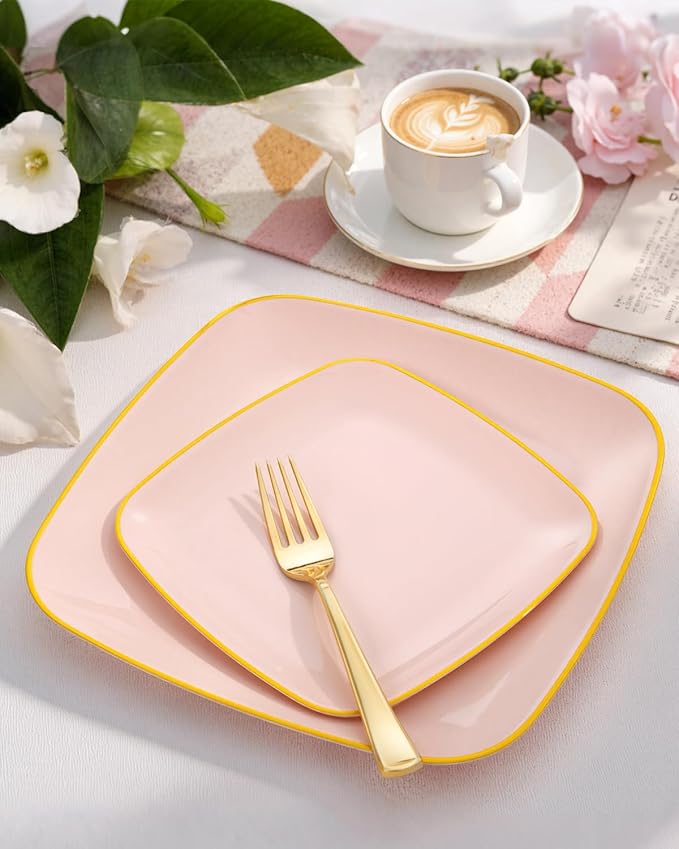 bUCLA 100PCS Pink Plastic Plates - Heavy Duty Square Pink and Gold Disposable - Include 50 Dinner 10 inch & 50 Dessert 7.25 inch Plates for Party & Weeding