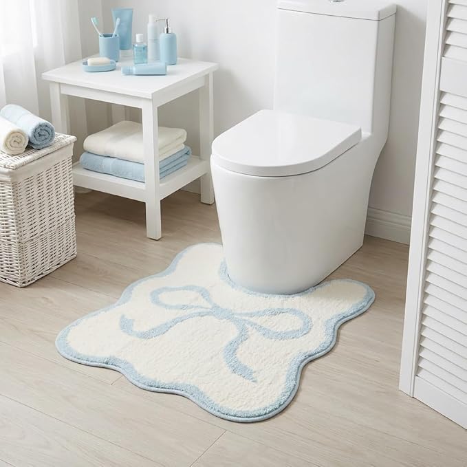 Blue Scalloped U-Shaped Toilet Mat 20x24, Cute Luxury Plush Bath Rug, Soft Absorbent Non-Slip Microfiber Floor Mat for Bathroom Decor and Toilet Base, Machine Washable