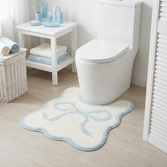 Blue Scalloped U-Shaped Toilet Mat 20x24, Cute Luxury Plush Bath Rug, Soft Absorbent Non-Slip Microfiber Floor Mat for Bathroom Decor and Toilet Base, Machine Washable