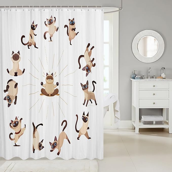 Feelyou Yoga Cat Bath Curtain Siamese Cats Shower Curtain for Stalls Bathtubs Cute Pet Decor Cartoon Animals Bathroom Shower Curtain Set Magical Animal Waterproof Bathroom Curtains 72Wx72L