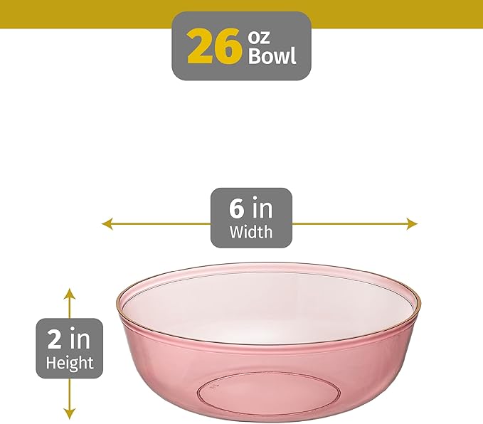 PLASTICPRO Plastic Party Plates Edge Collection Premium heavyweight Elegant Disposable Tableware Dishes (Translucent Pink With Gold Rim, 16 OZ BOWLS)
