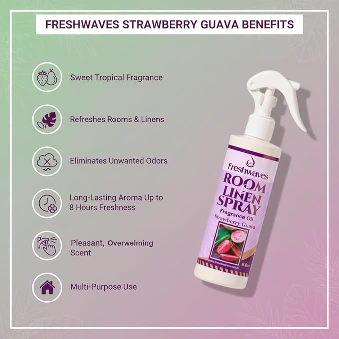 Freshwaves Room & Linen Spray | Strawberry Guava Fragrance Oil | 8oz Air Freshener | Odor Eliminator for Living Room, Bedroom, Bathroom & Office