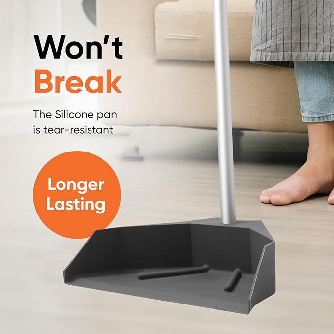 Superio Silicone Dust Pan with 35" Aluminum Long Handle & 16 Pet Hair Remover Silicone Broom - Lobby Dustpan Stand-Up & Carpet Rake Set for Hardwood, Tile, and Rugs - Gray