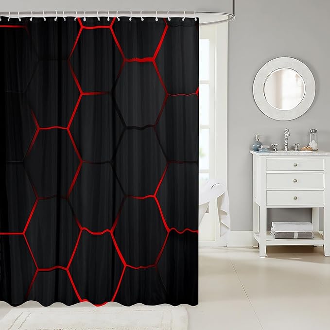 Feelyou Honeycomb Bath Curtain Honeycomb Modern Hexagon Theme Shower Curtain for Kids Geometrical Bathroom Shower Curtain Set Waterproof Beehive Black Red Decor Kids Bathroom Accessories 72"x84"