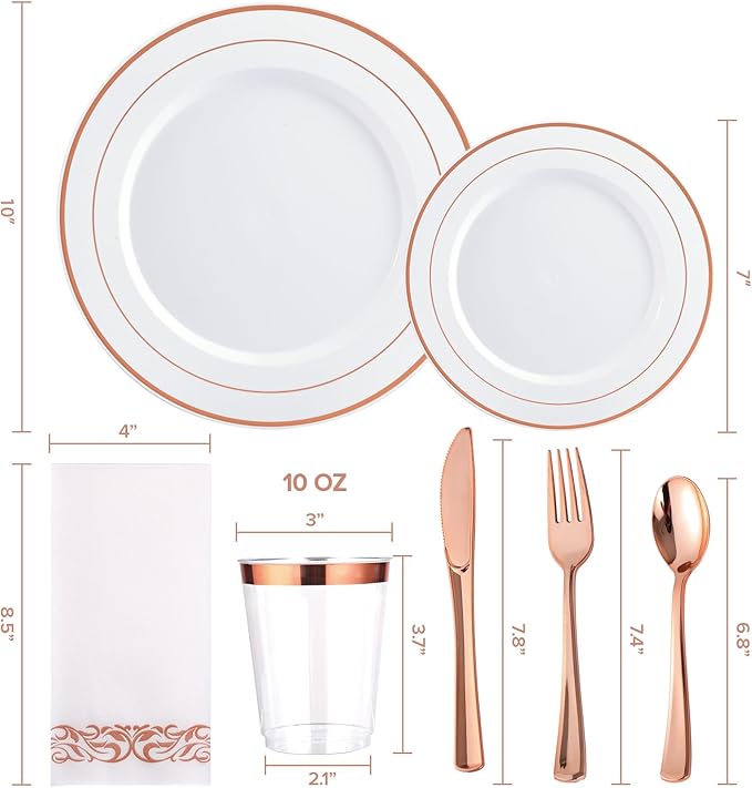 FOCUSLINE 175 Count Rose Gold Dinnerware Set for 25 Guests - Rose Gold Rimmed White Disposable Plastic Plates Heavy Duty, Includes 25 Dinner & Salad Plates, Cups, Cutlery Set for Wedding Parties