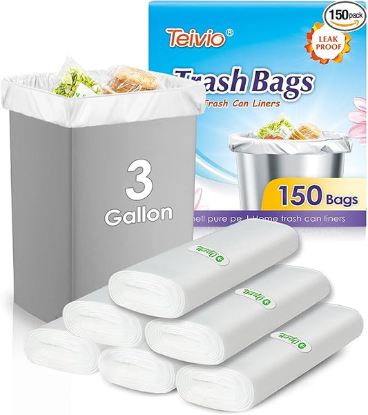 Teivio 3 Gallon 150 Counts Small Trash Bags Garbage Bags, Bathroom Trash Can Bin Liners, Small Plastic Bags for Home Office Kitchen Kitchen, Clear