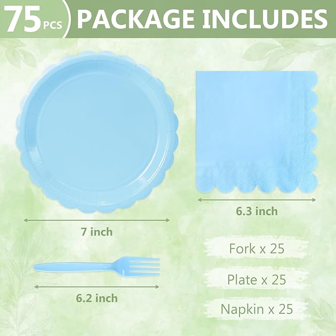 Mulbozy 75 Light Blue Plates and Napkins Disposable Set Includes 25 Dessert Cake Scalloped Plates, Cocktail Napkins & Forks, for Fork 25 Guests Holiday Party Supplies.