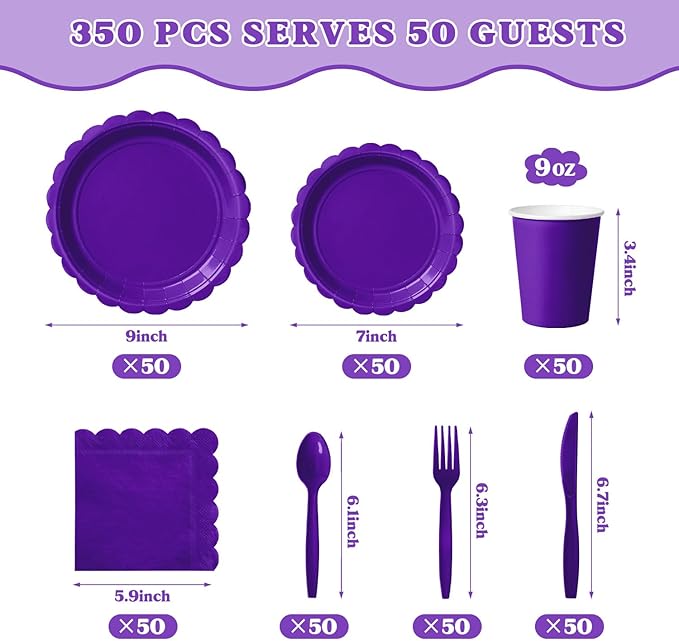 Vyntra 350 Pcs Deep Purple Disposable Paper Plates and Napkins Set for 50, 9" Dinner Plates & 7" Dessert Plates, Tableware for Birthday, Graduation, Party