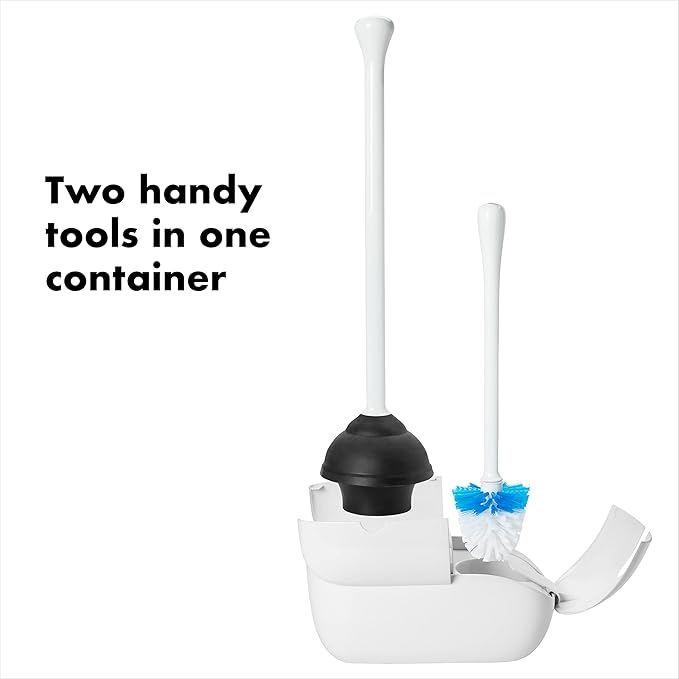 OXO Good Grips Set Toilet Brush & Plunger Combo, White and Good Grips Compact Toilet Brush & Canister - Gray