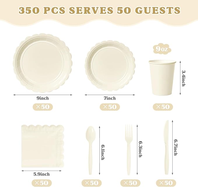 Vyntra 350 Pcs Ivory Disposable Paper Plates and Napkins Set for 50, 9" Dinner Plates & 7" Dessert Plates, Tableware for Wedding, Bridal Shower, Anniversary, Party