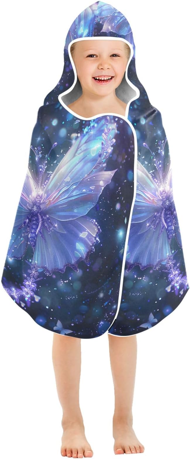 Hooded Towel for Kids Glowing Blue Butterfly Beach Wrap Bath Towels 50x23.5in