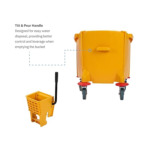 Carlisle FoodService Products 35-Quart Commercial Mop Bucket with Side-Press Wringer, Integrated Pour Spout, and Smooth Rolling Casters for Commercial Cleaning, Durable Polypropylene, Yellow