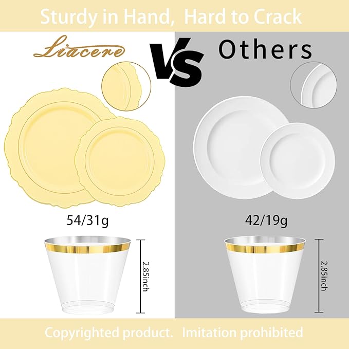 Liacere 350PCS Yellow Plates - Yellow Disposable Plastic Plates With Gold Rim-50Guest Plastic Dinnerware include 100 Plates,50 Pack Pre Rolled Napkins with Silverware 50Cups for Wedding＆Mother's Day