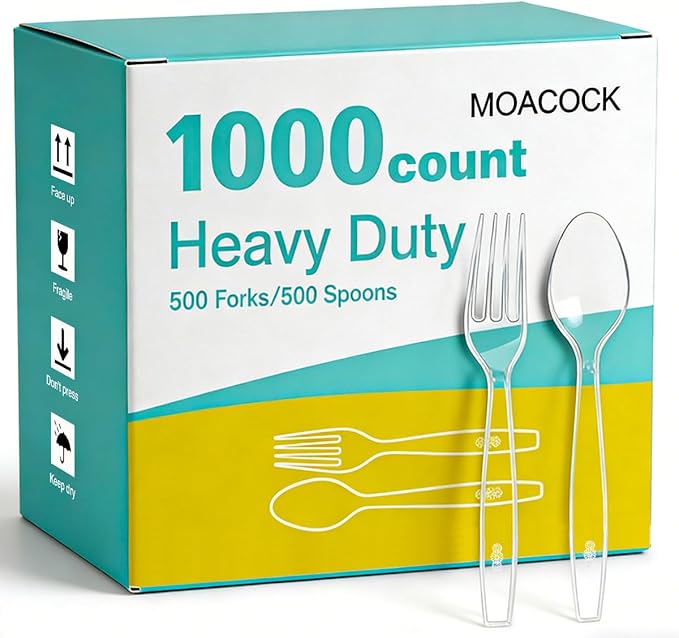 MOACOCK 1000 Count Plastic Silverware, Heavy Weight Plastic Forks Spoons Disposable Utensils Cutlery Set for Wedding Party Supplies Everyday Use
