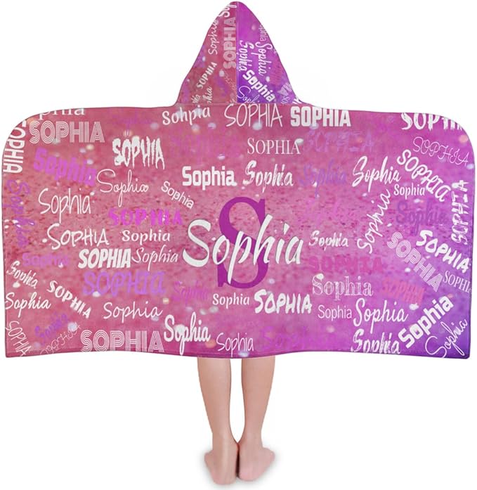 Custom Name Kids Hooded Bath Beach Towel Girls Boys, Swim Pool Cover Up Absorbent 50in x 24in, One Size, Wrap Bath Towels Beach Poncho, Pink Glitters Effect Print