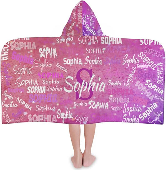 Custom Name Kids Hooded Bath Beach Towel Girls Boys, Swim Pool Cover Up Absorbent 50in x 24in, One Size, Wrap Bath Towels Beach Poncho, Pink Glitters Effect Print