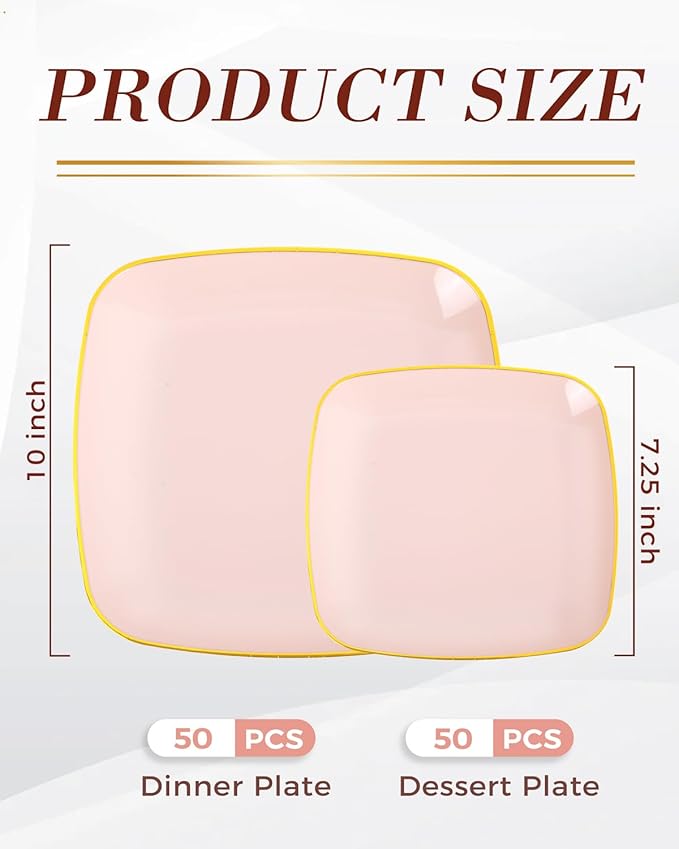 bUCLA 100PCS Pink Plastic Plates - Heavy Duty Square Pink and Gold Disposable - Include 50 Dinner 10 inch & 50 Dessert 7.25 inch Plates for Party & Weeding