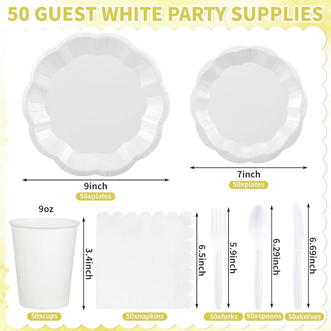 NatNarr 350 Pcs White Party Supplies Include Scalloped Plate Napkin Cup Forks Knives, Plastic Cutlery 50 Guest Disposable Parties Tableware Set for Wedding Baby Shower Bridal Shower Birthday Party