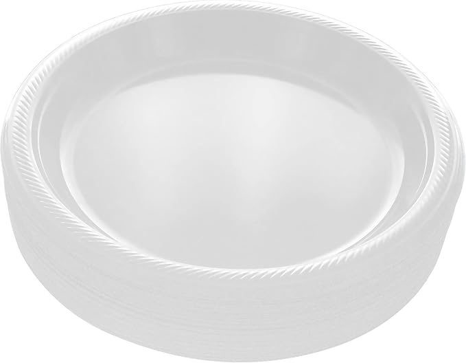 Amcrate Disposable White Plastic Dinner Plates, 10.4 Inches, Strong and Sturdy for Party, Holiday, Picnic, or Travel, Pack of 50
