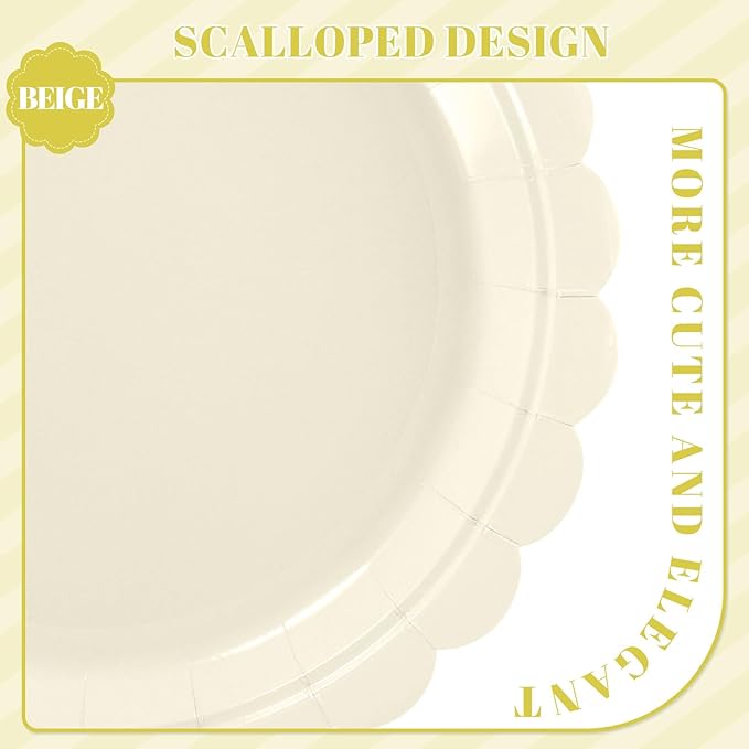 NatNarr 30 Pcs Ivory Paper Plates 9 Inch Disposable Scalloped Cream Plates Cute Beige Dessert Cake Plate Party Dinner Plate for Baby Shower, Wedding, Bridal Shower