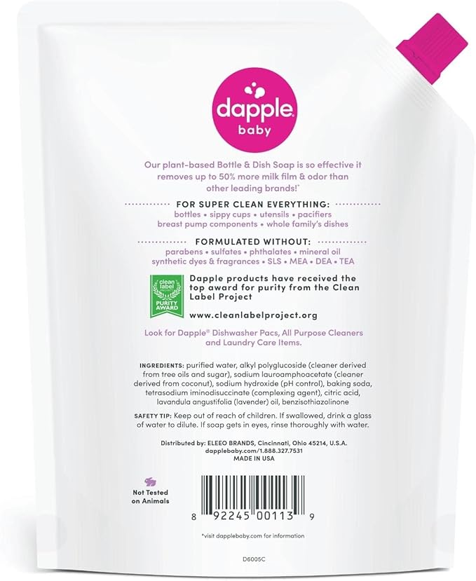 Dapple Baby Lavender Bottle & Dish Soap Refill Pouch - (2 Pack) 33.8 fl oz - Plant-Powered Cleaner for Baby Bottles, Pump Parts, and Sippy Cups