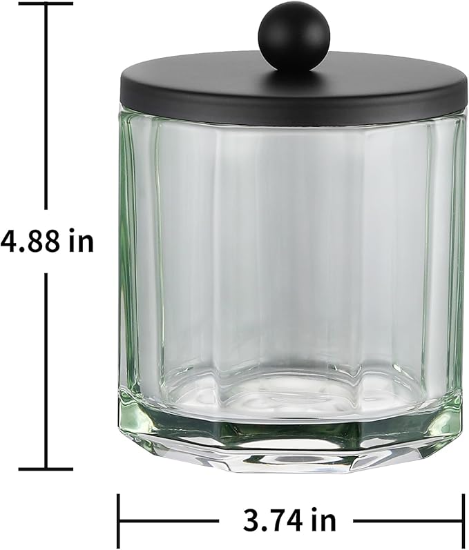 Sage Green Translucent Apothecary Octagional Shaped Glass Canister Jar With Black Metal Lid Cover for Bathroom Organization, Cotton Balls, Q Tips, and Small Accessories, Bathroom Storage