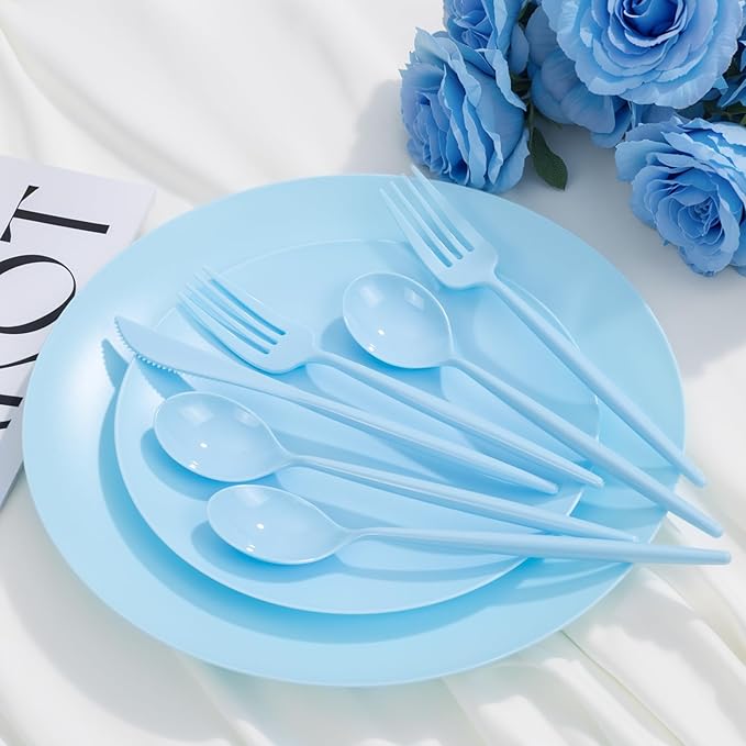 ejonirinjonir EI 150pcs Blue Plastic Plates Disposable Light Blue Baby Shower Plates Heavy Duty Dinnerware Set Plastic Silverware for Party,Wedding,Easter,Spring Afternoon Tea