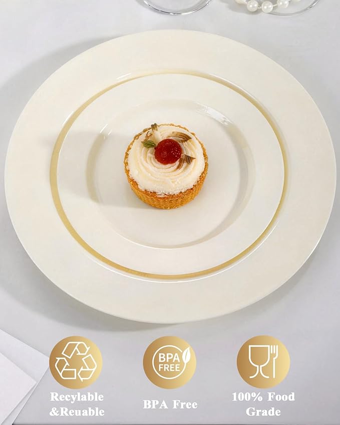 Goodluck 120 PCS Ivory Plastic Plates, Heavy Duty Disposable Ivory Plates with 60 10.25 inch Dinner Plates and 60 7.5 inch Dessert Plates for Party, Holiday, Wedding