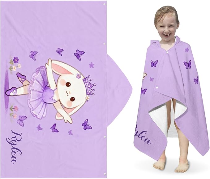 Ballet Rabbit Crown Personalized Hooded Towel Absorbent Wrap Soft Pool Beach Bath Towels Hood Poncho for 5-12 Years Kids Boys Girls