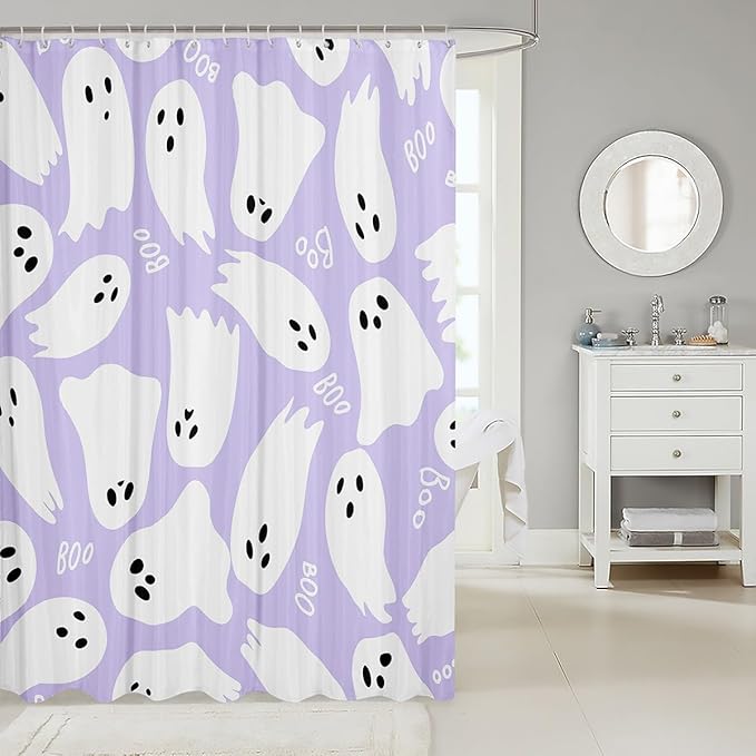 Purple Cartoon Style Bathroom Curtains for Kids Teens Adults,Halloween Theme Shower Curtains,Kawaii Ghost Bath Curtains with 12 Hooks,Waterproof,72" W x 78" L