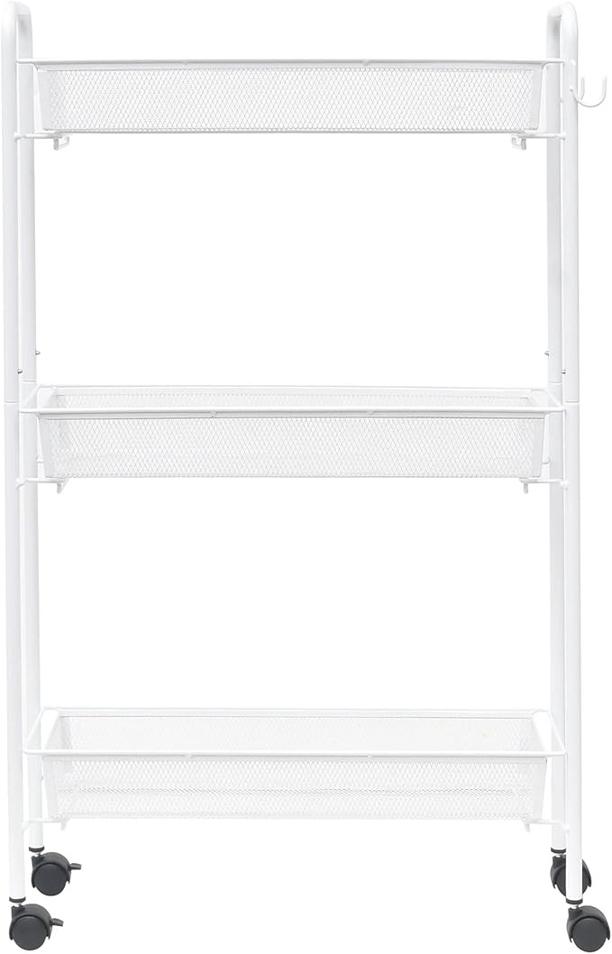 White 3-Tier Rolling Bathroom Storage Cart, Slim Freestanding Mobile Shelving Unit with Sturdy Hooks, Space-Saving Utility Rolling Cart for Home Organization