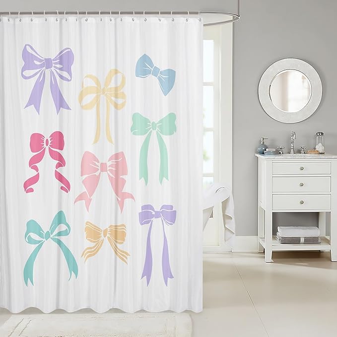 jejeloiu Watercolor Bow Shower Curtain for Kids 72"x78" Cute Bowknot Bathroom Shower Liner Room Decor Coquette Bows Bath Curtain Dreamy Princess Waterproof Soft Lightweight Polyester
