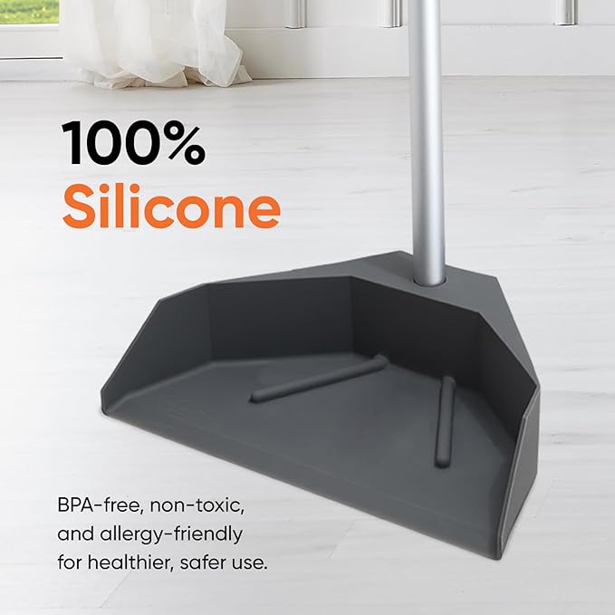 Superio Silicone Broom - Carpet Rake with 35" Long Handle Dustpan Set - Rubber Broom for Pet Hair on Carpet & Hardwood Floors, Stand-Up Dustpan with Aluminum Handle - Gray