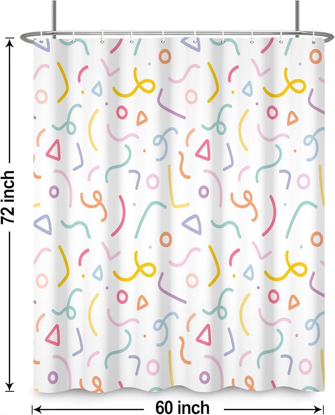 Cute Colorful Doodle Shower Curtains Playful Confetti Shower Curtain Decorative for Bathroom Pastel Waterproof Fabric Bathroom Decorations with Hooks 60x72 Inches