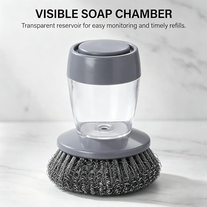 Sakerplus Soap Dispensing Palm Brush,One-Press Kitchen Scrub Brush with Built-in Soap Reservoir,Ergonomic Handheld Dish Cleaning Tool for Plates,Bowls,Glasses&Utensils (1, PET Material)