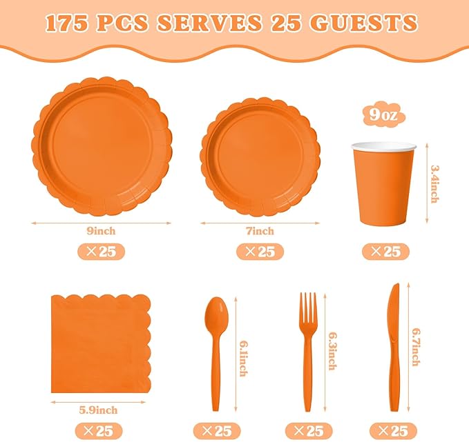 Vyntra 175 Pcs Orange Disposable Paper Plates and Napkins Set for 25, 9" Dinner Plates & 7" Dessert Plates, Tableware for Halloween, Fall Party, Birthday, Picnic